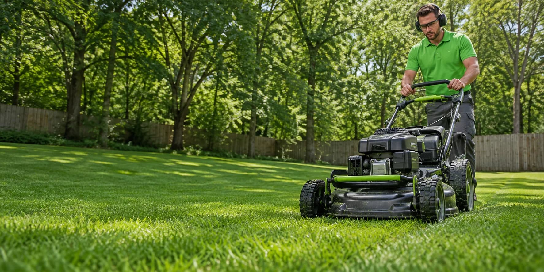 A lawn care professional mowing a residential lawn