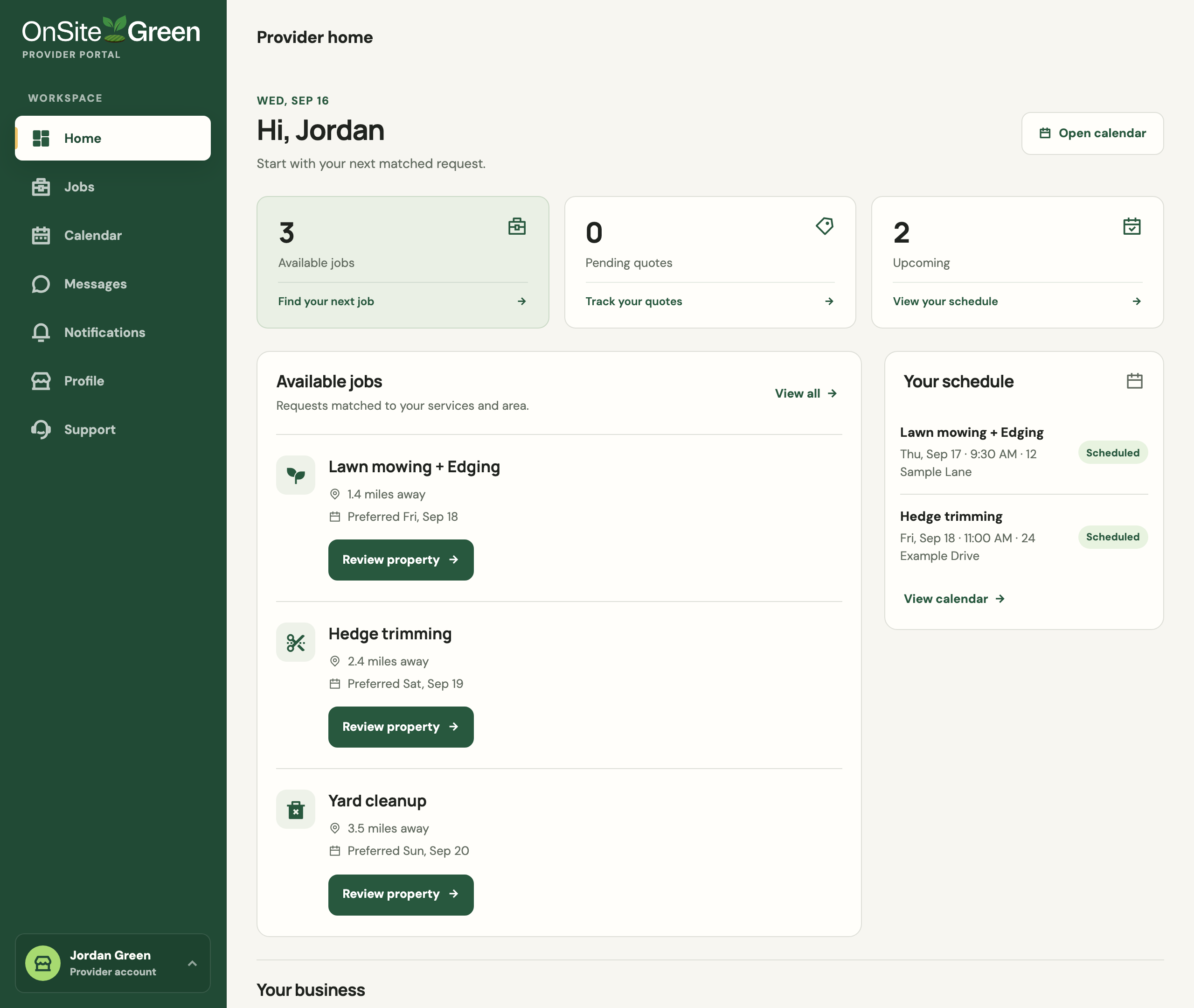 OnSite Green provider dashboard showing three available requests, their distance and preferred dates, and upcoming booked jobs.