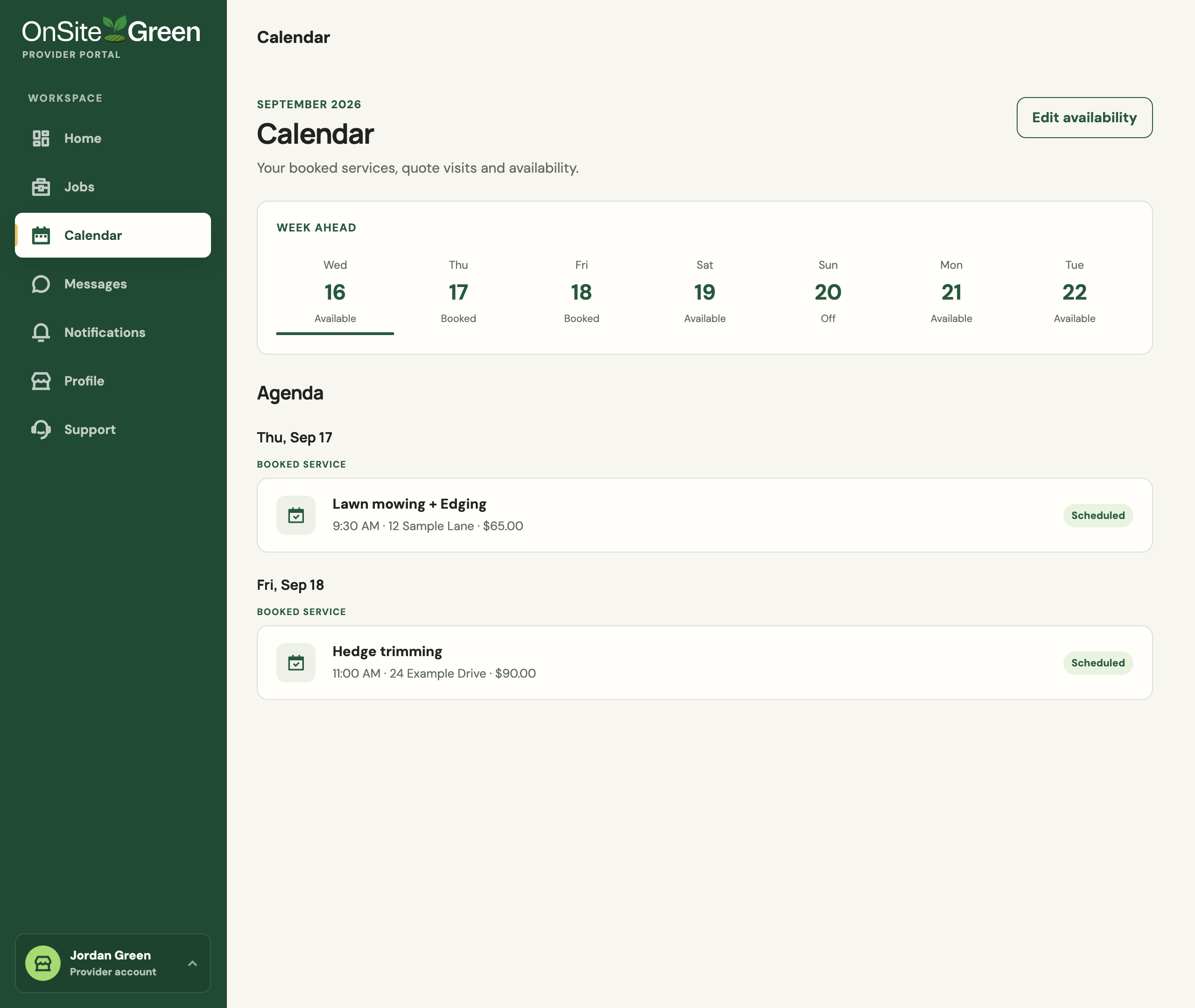 OnSite Green provider calendar showing availability for the week and scheduled lawn mowing and hedge trimming jobs.