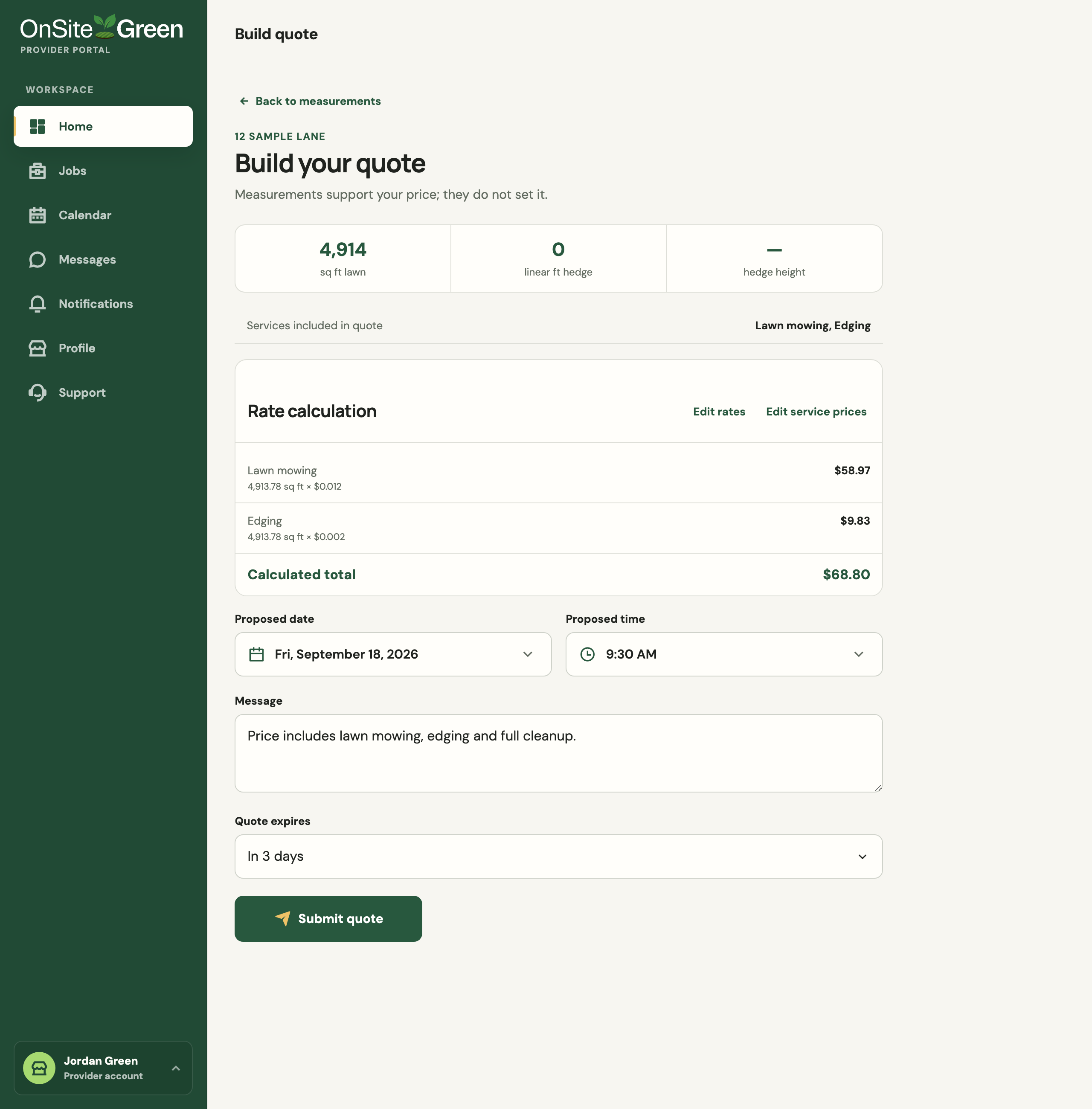 OnSite Green quote builder with measured lawn area, a calculation from saved rates, an editable price, proposed date and time, and a message to the customer.